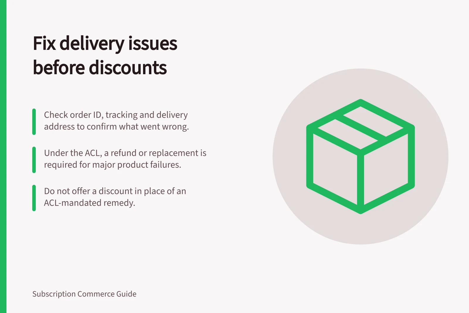 Fix delivery issues before discounts: Check order ID, tracking and delivery address to confirm what went wrong.; Under the ACL, a refund or replacement is required for major product failures.; Do not offer a discount in place of an ACL-mandated remedy.