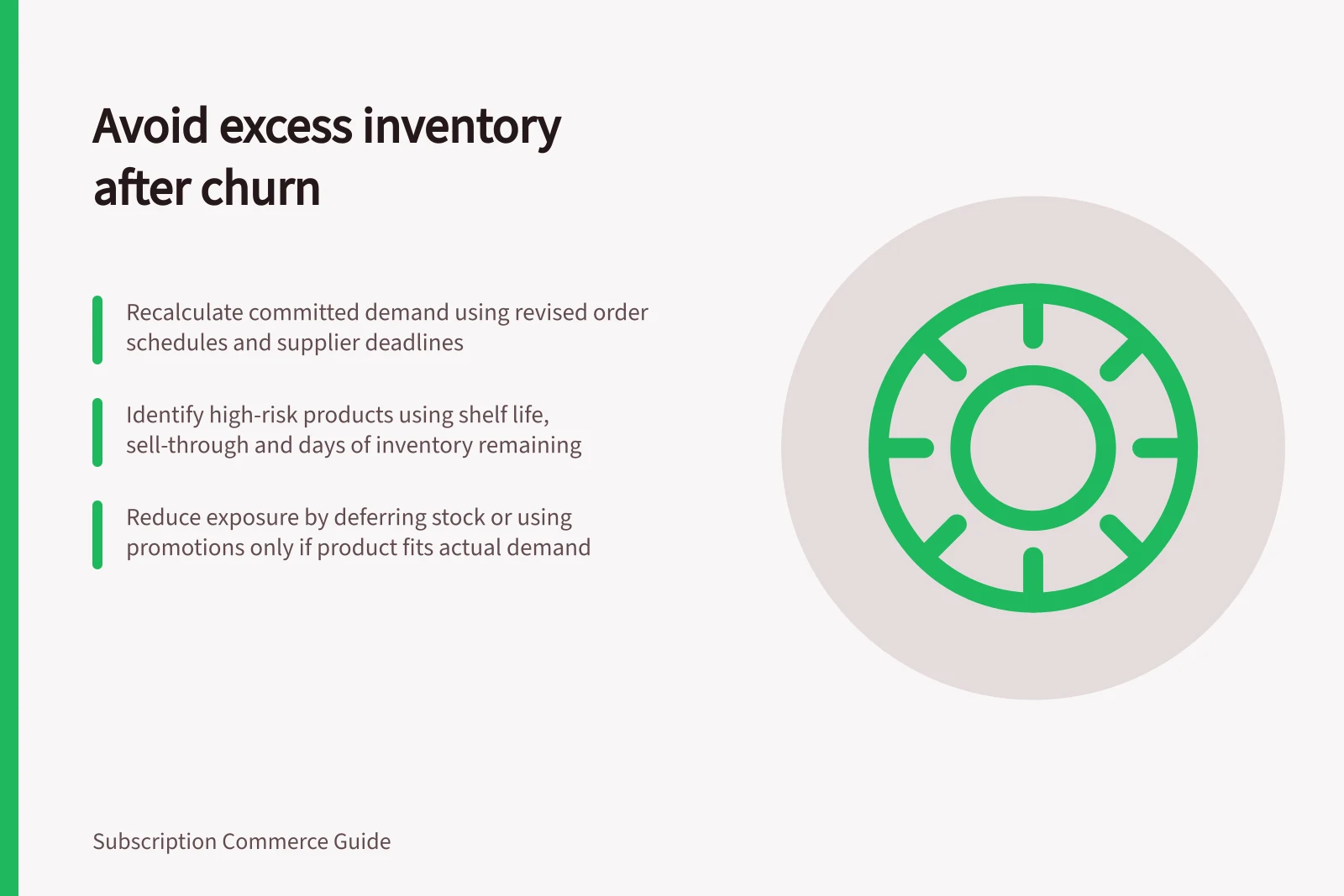 Avoid excess inventory after churn: Recalculate committed demand using revised order schedules and supplier deadlines; Identify high-risk products using shelf life, sell-through and days of inventory remaining; Reduce exposure by deferring stock or using promotions only if product fits actual demand