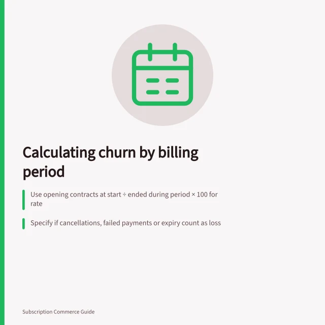 Calculating churn by billing period: Use opening contracts at start ÷ ended during period × 100 for rate; Specify if cancellations, failed payments or expiry count as loss; Track reactivations and pauses to avoid miscounting. Calculating churn by a clearly defined billing period