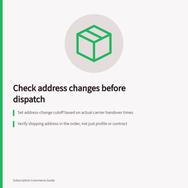 Check address changes before dispatch: Set address-change cutoff based on actual carrier handover times; Verify shipping address in the order, not just profile or contract; Compare label destination with order address before handover. Checking address changes before the dispatch cutoff