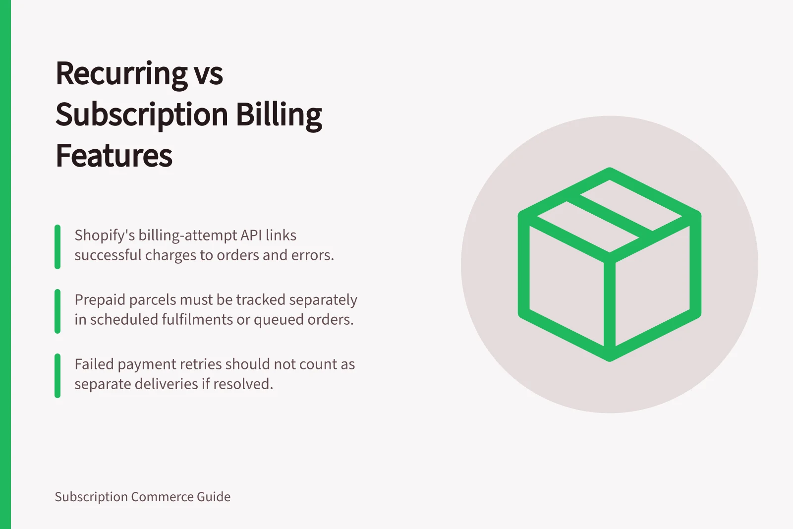 Recurring vs Subscription Billing Features: Shopify's billing-attempt API links successful charges to orders and errors.; Prepaid parcels must be tracked separately in scheduled fulfilments or queued orders.; Failed payment retries should not count as separate deliveries if resolved.