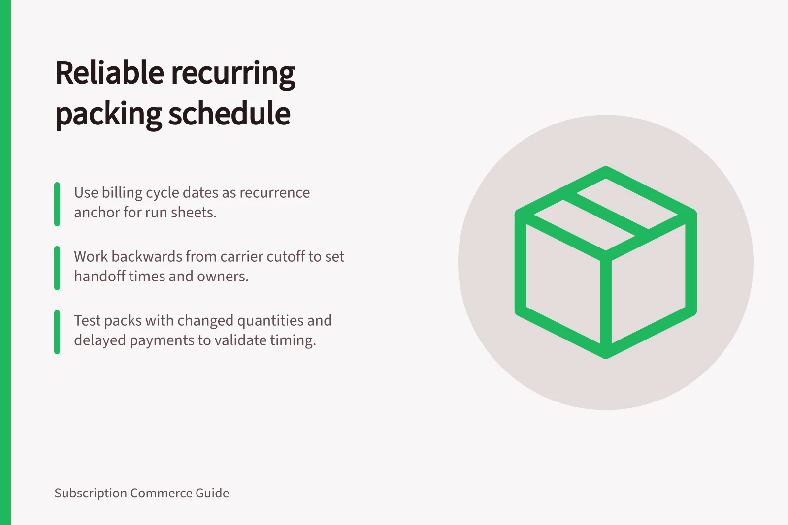 Reliable recurring packing schedule: Use billing cycle dates as recurrence anchor for run sheets.; Work backwards from carrier cutoff to set handoff times and owners.; Test packs with changed quantities and delayed payments to validate timing.