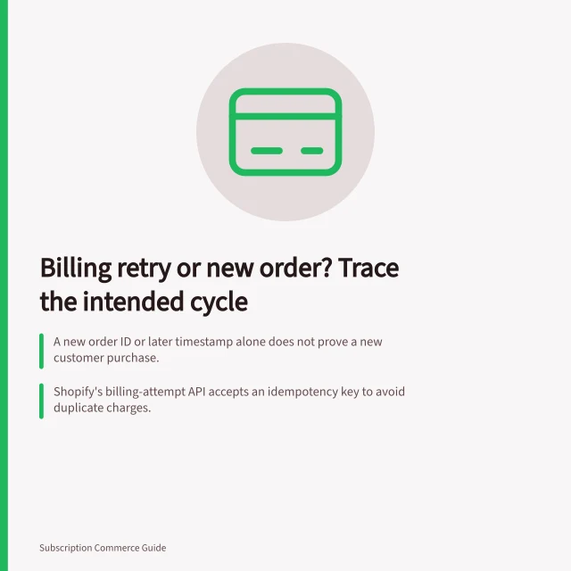 Billing retry or new order? Trace the intended cycle: A new order ID or later timestamp alone does not prove a new customer purchase.; Shopify's billing-attempt API accepts an idempotency key to avoid duplicate charges.; Carry the cycle reference into fulfilment so recovery releases the parcel originally due. Distinguishing a billing retry from a new order