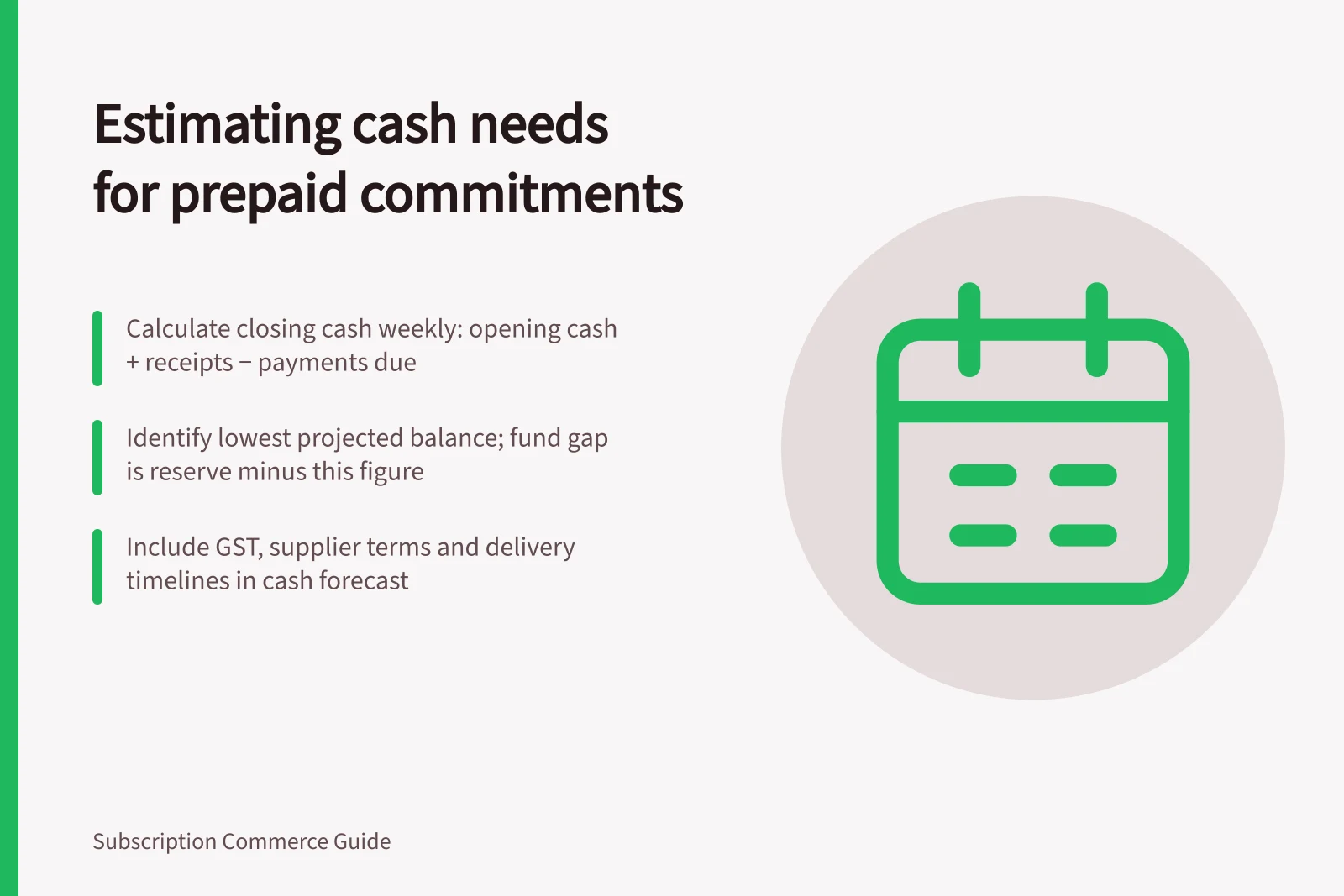 Estimating cash needs for prepaid commitments: Calculate closing cash weekly: opening cash + receipts − payments due; Identify lowest projected balance; fund gap is reserve minus this figure; Include GST, supplier terms and delivery timelines in cash forecast