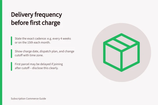 Delivery frequency before first charge: State the exact cadence: e.g. every 4 weeks or on the 15th each month.; Show charge date, dispatch plan, and change cutoff with time zone.; First parcel may be delayed if joining after cutoff – disclose this clearly. Explaining delivery frequency before the first charge