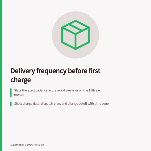 Delivery frequency before first charge: State the exact cadence: e.g. every 4 weeks or on the 15th each month.; Show charge date, dispatch plan, and change cutoff with time zone.; First parcel may be delayed if joining after cutoff – disclose this clearly. Explaining delivery frequency before the first charge