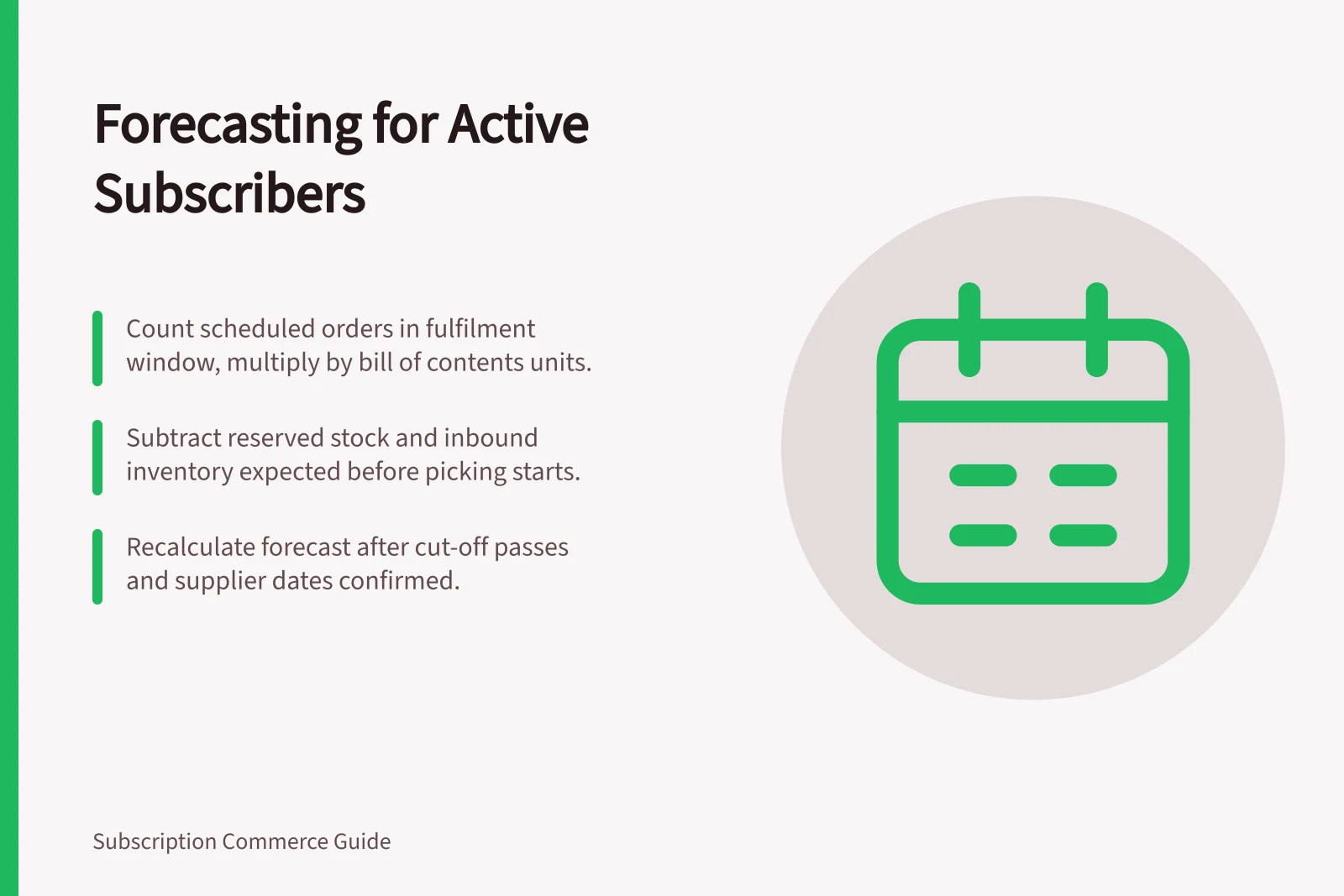 Forecasting for Active Subscribers: Count scheduled orders in fulfilment window, multiply by bill of contents units.; Subtract reserved stock and inbound inventory expected before picking starts.; Recalculate forecast after cut-off passes and supplier dates confirmed.