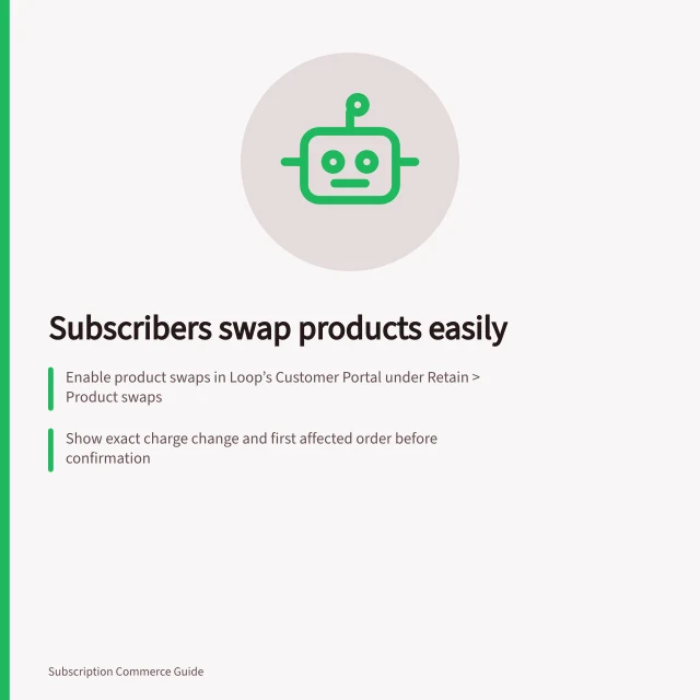 Subscribers swap products easily: Enable product swaps in Loop’s Customer Portal under Retain > Product swaps; Show exact charge change and first affected order before confirmation; Only allow swaps before renewal or order release in Seal Subscriptions. Letting subscribers change products without contacting support