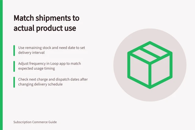Match shipments to actual product use: Use remaining stock and need date to set delivery interval; Adjust frequency in Loop app to match expected usage timing; Check next charge and dispatch dates after changing delivery schedule. Matching shipment frequency to product usage