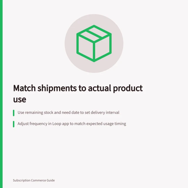 Match shipments to actual product use: Use remaining stock and need date to set delivery interval; Adjust frequency in Loop app to match expected usage timing; Check next charge and dispatch dates after changing delivery schedule. Matching shipment frequency to product usage