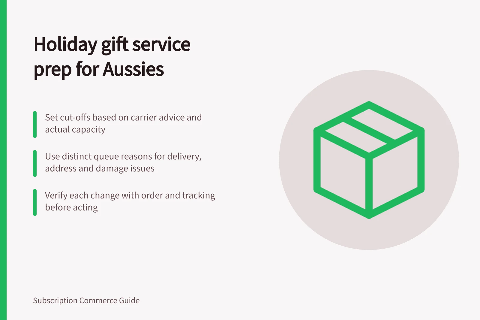 Holiday gift service prep for Aussies: Set cut-offs based on carrier advice and actual capacity; Use distinct queue reasons for delivery, address and damage issues; Verify each change with order and tracking before acting