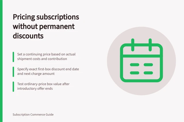 Pricing subscriptions without permanent discounts: Set a continuing price based on actual shipment costs and contribution; Specify exact first-box discount end date and next charge amount; Test ordinary-price box value after introductory offer ends. Pricing a subscription without relying on permanent introductory discounts