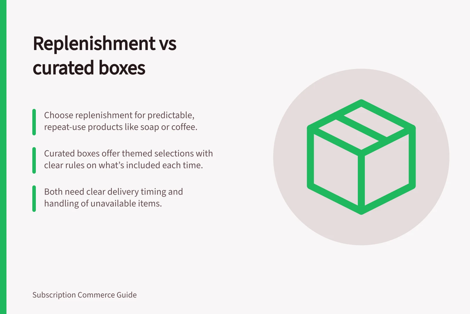 Replenishment vs curated boxes: Choose replenishment for predictable, repeat-use products like soap or coffee.; Curated boxes offer themed selections with clear rules on what’s included each time.; Both need clear delivery timing and handling of unavailable items.