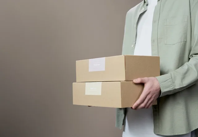 Close-up of a person holding thank you labeled boxes, ideal for delivery themes. Subscription acquisition offers