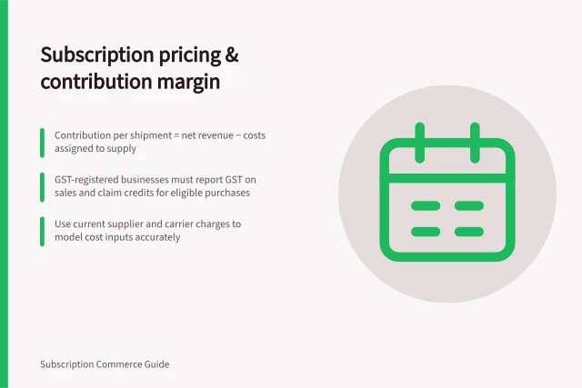 Subscription pricing & contribution margin: Contribution per shipment = net revenue − costs assigned to supply; GST-registered businesses must report GST on sales and claim credits for eligible purchases; Use current supplier and carrier charges to model cost inputs accurately. Subscription pricing and contribution margin