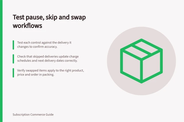 Test pause, skip and swap workflows: Test each control against the delivery it changes to confirm accuracy.; Check that skipped deliveries update charge schedules and next delivery dates correctly.; Verify swapped items apply to the right product, price and order in packing. Testing pause, skip and swap workflows
