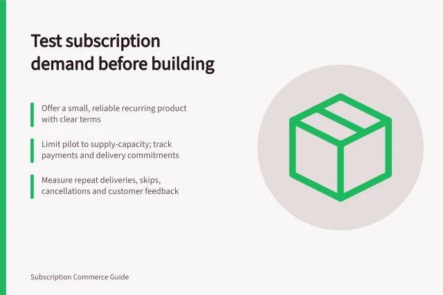 Test subscription demand before building: Offer a small, reliable recurring product with clear terms; Limit pilot to supply-capacity; track payments and delivery commitments; Measure repeat deliveries, skips, cancellations and customer feedback. Testing subscription demand before building a full operation