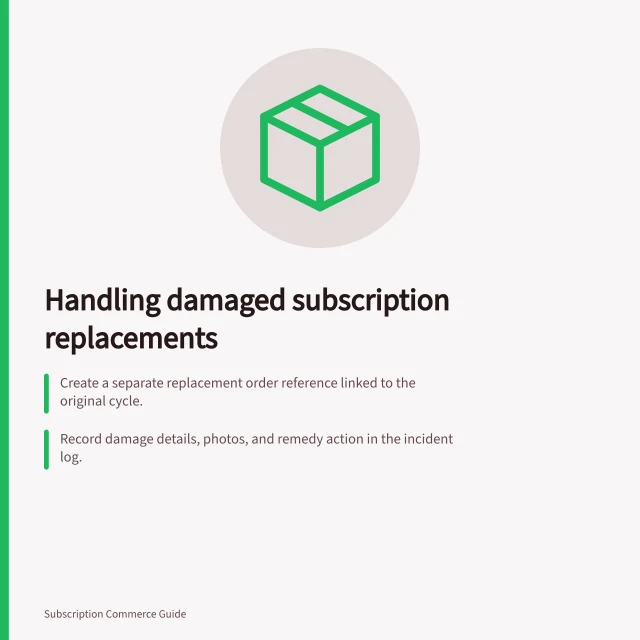 Handling damaged subscription replacements: Create a separate replacement order reference linked to the original cycle.; Record damage details, photos, and remedy action in the incident log.; Save tracking number and verify delivery with Australian carrier proof. Tracking replacements for damaged subscription shipments